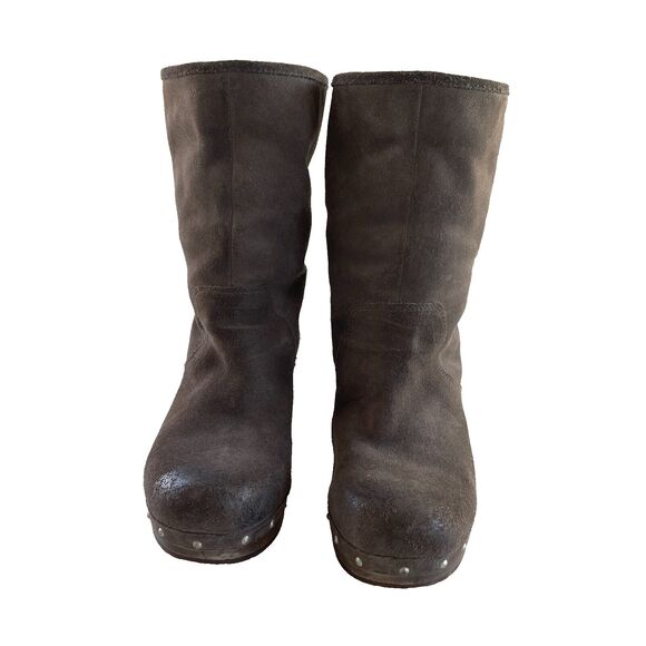 UGG Lynnea Wood Clog High Heel Boot Womens 8 Brown Upper Leather - Picture 5 of 13